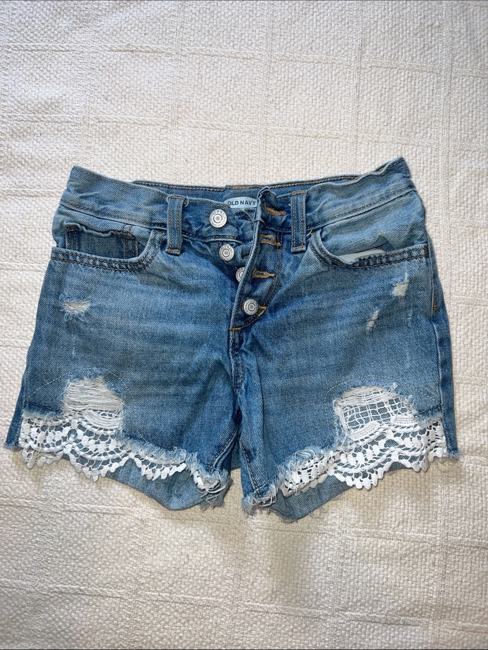 Old Navy Distressed Blue Denim Shorts with White Lace Trim